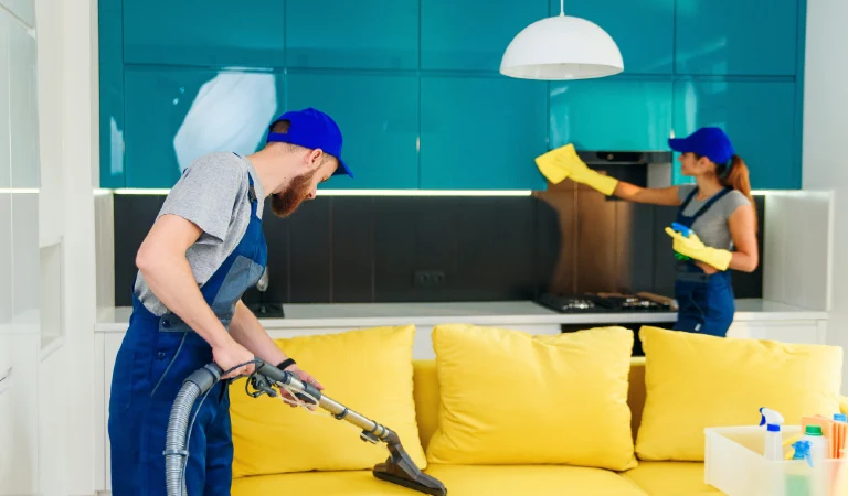Young man with vacuum cleaner washing with vapor yellow sofa and woman wipes cuisine furniture