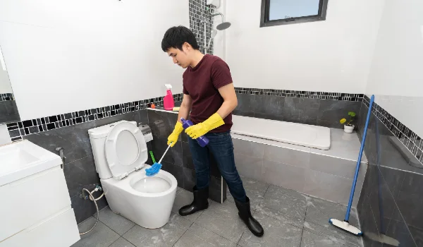 Young man cleaning toilet bowl in bathroom