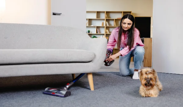 Young woman uses cordless vacuum cleaner to clean home carpet and a dog is running nearby modern easy cleaning