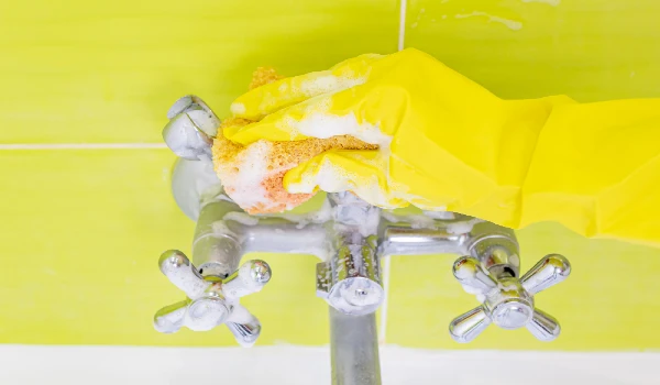 A female hand in a yellow latex glove sponges a bath mixer. A lot of foam. The concept of cleaning the bathroom, cleanliness
