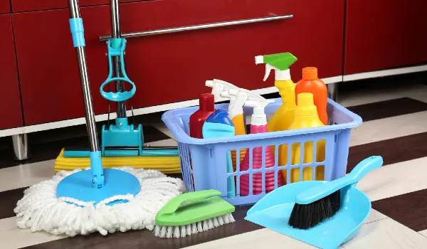 Different tools for cleaning in kitchen