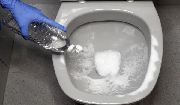 Sanitizing the toilet bowl with baking soda and vinegar