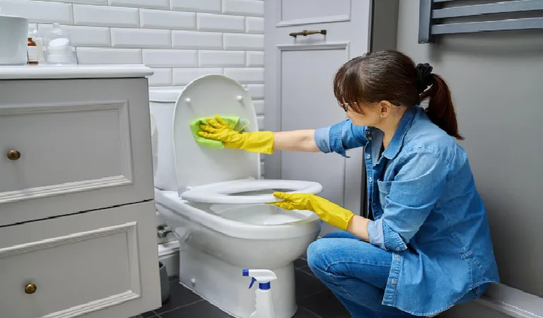 Woman in gloves using cleaning detergent clean toilet in bathroom