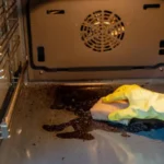 Hand in rubber glove cleaning dirty oven with sponge and cleaner housework and housekeeping concept