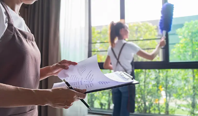 Midsection of woman looking at clipboard against colleague cleaning window
