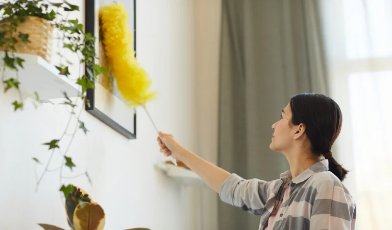 Young woman working at home she wiping dust from pictures on the wall