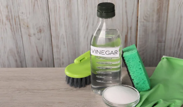 Natural cleaning products vinegar in bottle baking soda glove sponge and brush on light wooden table space for text